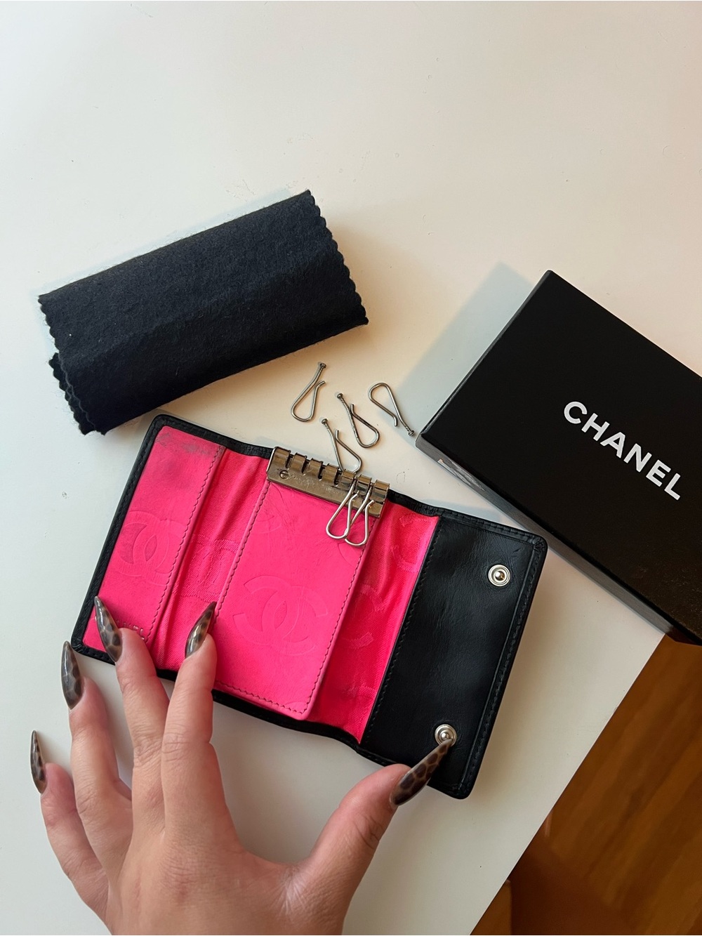 CHANEL Black Leather Key & Card Holder with Pink Interior